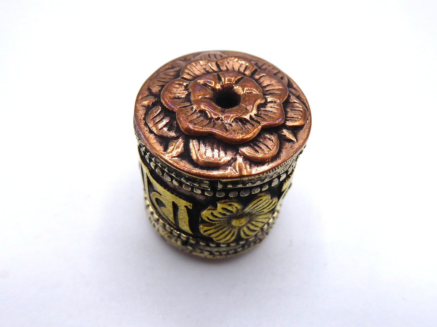 Brass and Copper Om Mani Padme Hum Bead, Prayer Wheel Shaped