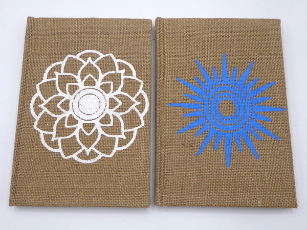 Handbook A5 Lokta Notebook, Hard Cover. Jute with Mandala or Sunshine Print.