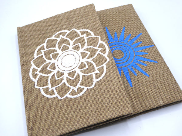 Handbook A5 Lokta Notebook, Hard Cover. Jute with Mandala or Sunshine Print.