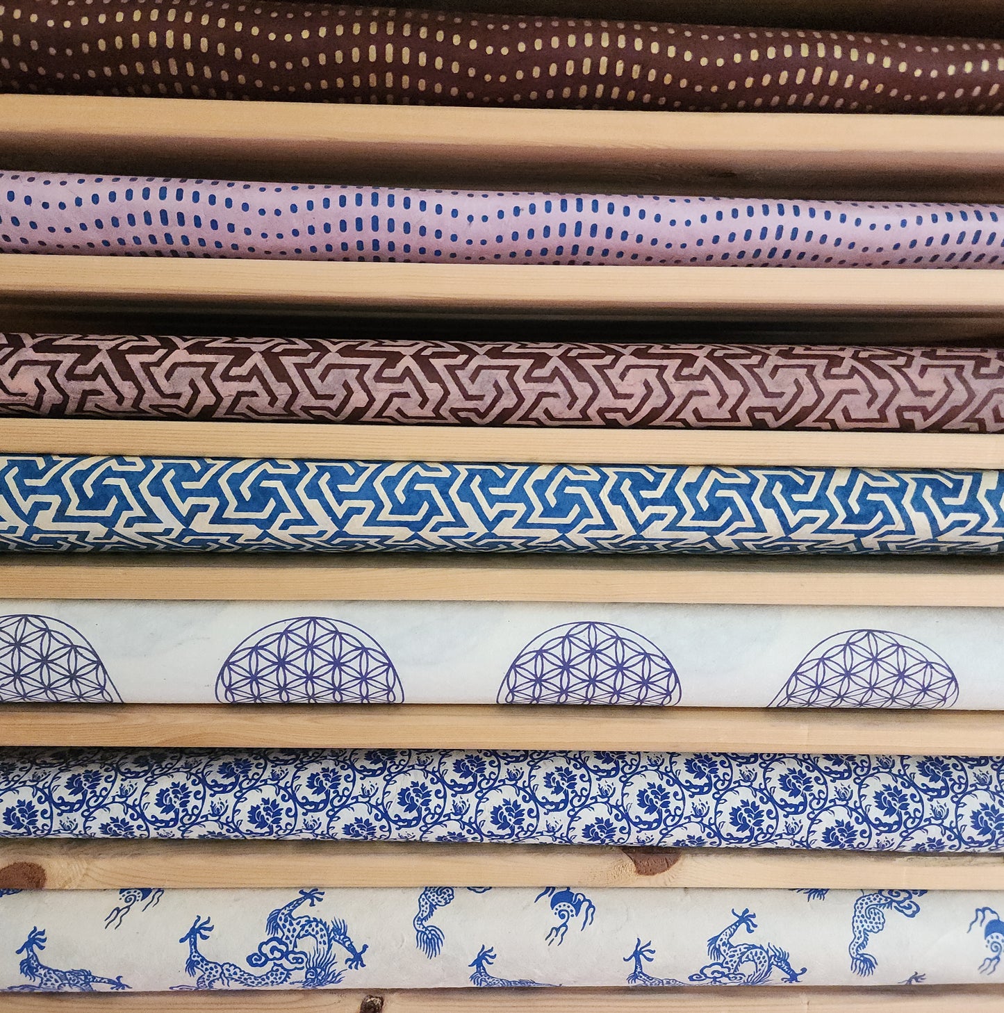 Lokta Paper Bundle - 7 Large Sheets 75 x50cm - Blue and Brown Silk Screen Print Collection