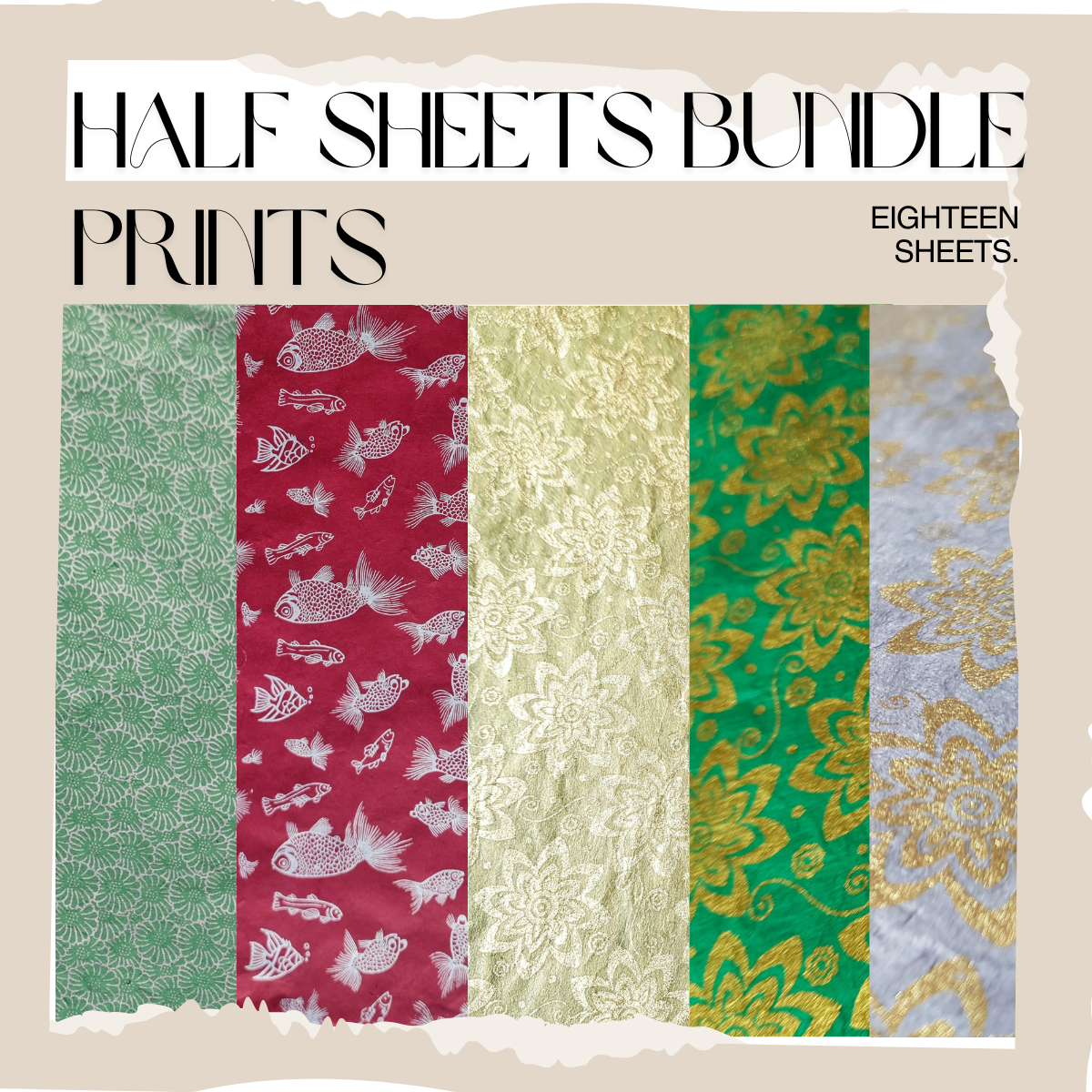 Lokta Paper Sheets Half Size, Combination of Prints- 15'' x 20'' - pack of eighteen, Greens, Greys and Mulberry.
