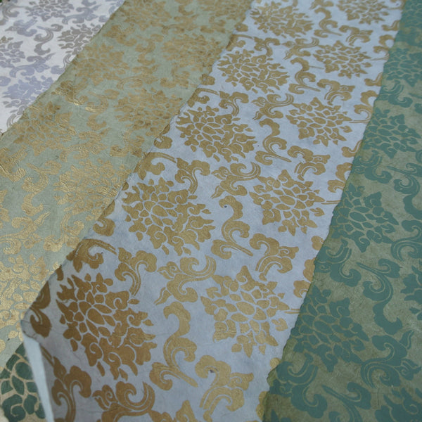 Gold on Faded Blue Lotus Motif  Print on Lokta Paper, Tree Free & Sustainable