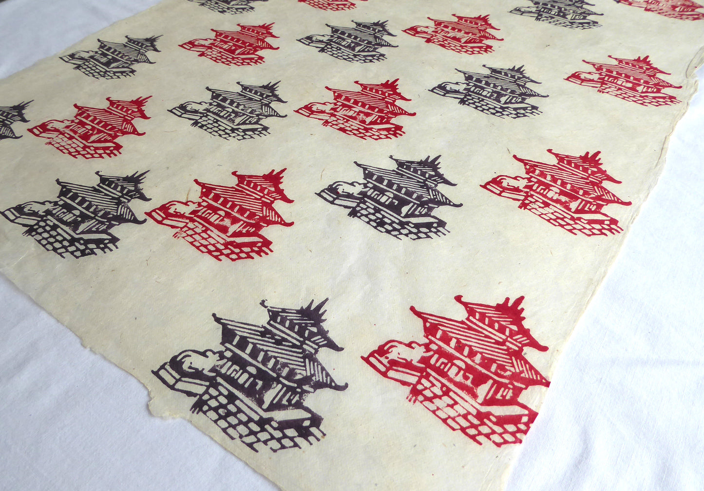 Pagoda Temple Block Printed on Lokta Paper, Handmade, Tree Free & Sustainable