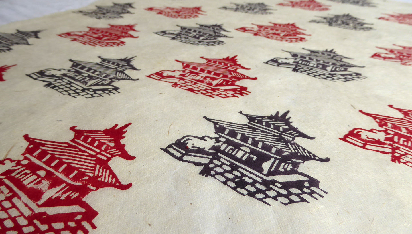 Pagoda Temple Block Printed on Lokta Paper, Handmade, Tree Free & Sustainable