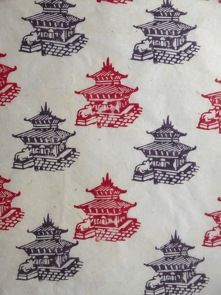 Pagoda Temple Block Printed on Lokta Paper, Handmade, Tree Free & Sustainable
