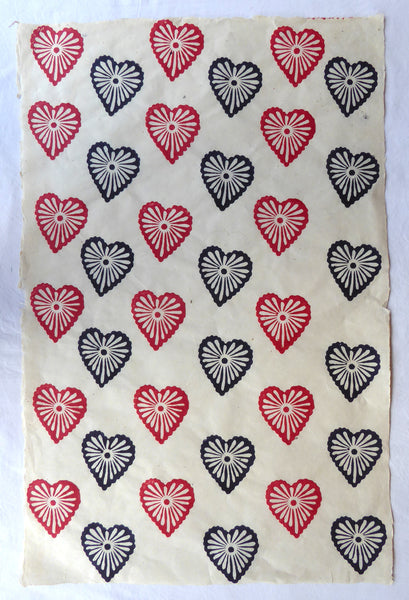Hearts Block Printed on Lokta Paper, Handmade, Tree Free & Sustainable