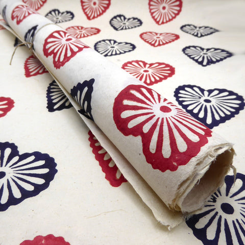 Hearts Block Printed on Lokta Paper, Handmade, Tree Free & Sustainable