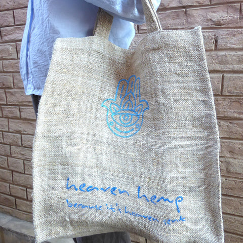 Bajura Hemp Tote Bag. Handprinted (hand of fatima)