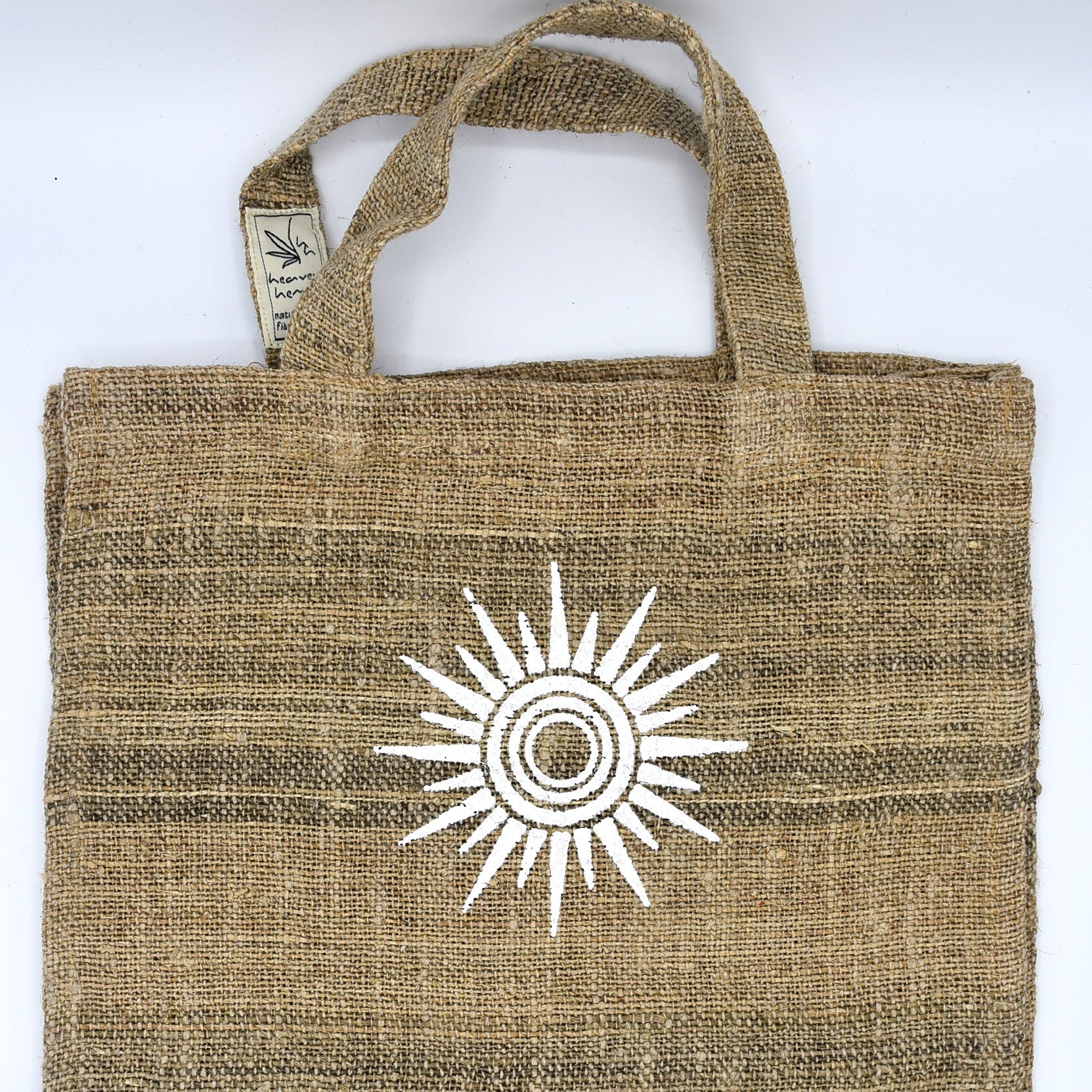 The Bajura Hemp Tote Bag, Handprinted (white sun)