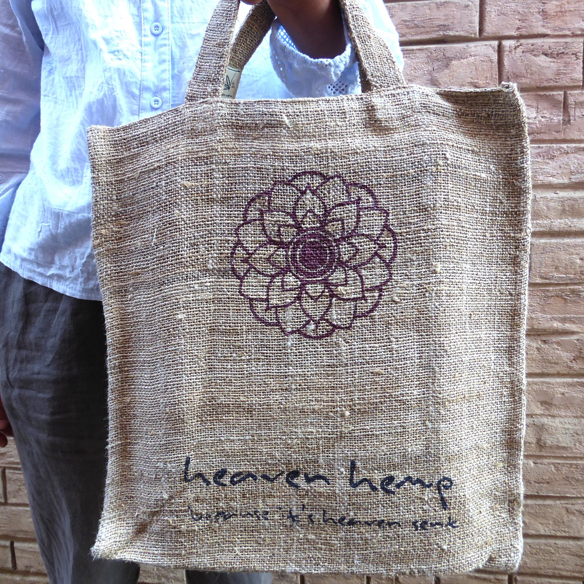 Bajura Hemp Tote Bag. Handprinted  (flower)
