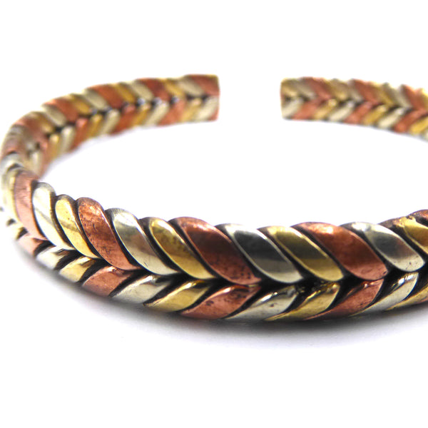 Copper Brass and White Metal Braided Bracelet