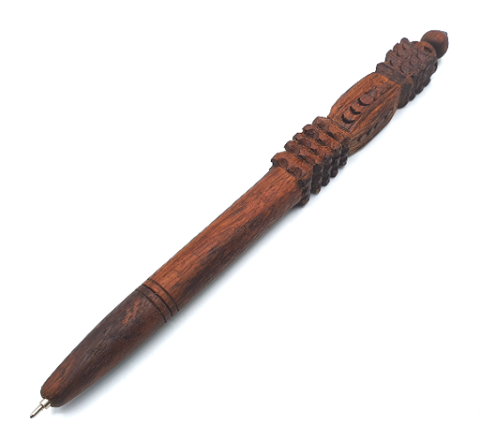 Hand Carved Wooden Ballpoint Pen, Refillable (Natural Flower)