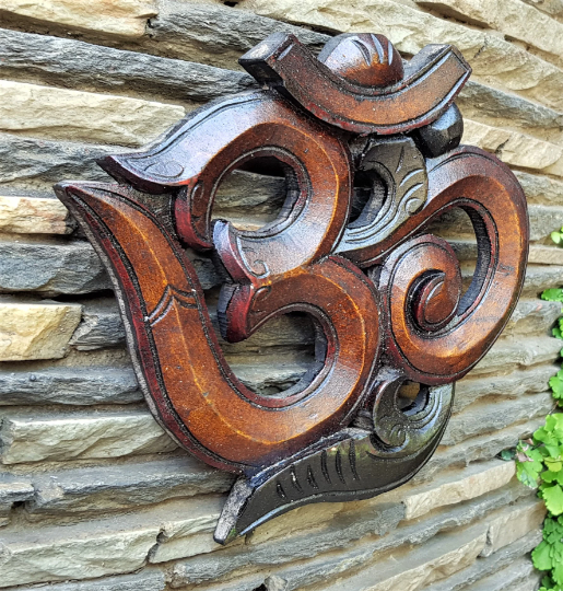 Wooden Om Wall Hanging, hand carved in Nepal, Natural Wood Finish