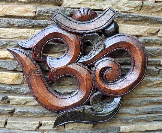 Wooden Om Wall Hanging, hand carved in Nepal, Natural Wood Finish