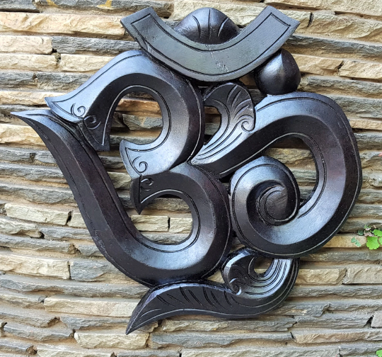 Black Om Wooden Wall Hanging, Large, hand carved in Nepal