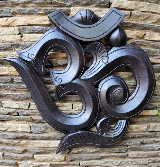 Black Om Wooden Wall Hanging, Large, hand carved in Nepal