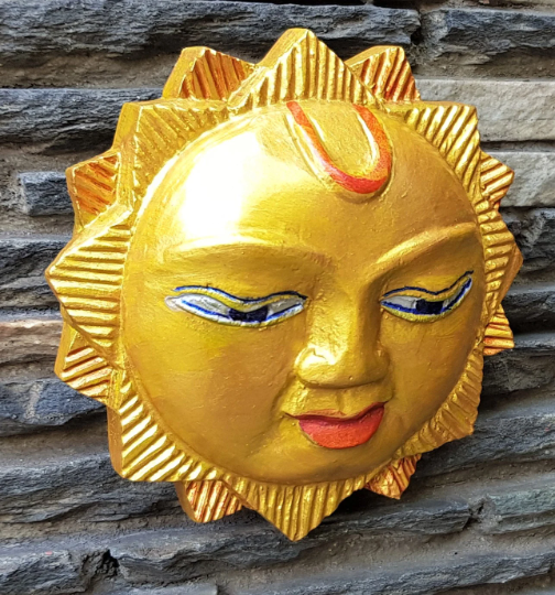 Wooden Sun Wall Hanging, Hand painted Gold, hand carved in Nepal