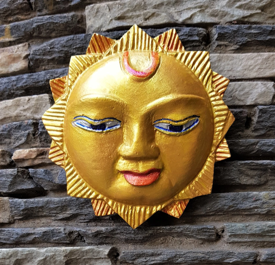 Wooden Sun Wall Hanging, Hand painted Gold, hand carved in Nepal