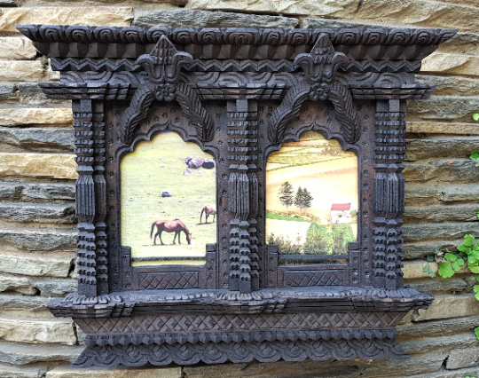 Traditional Nepali Double Window Picture Frame, hand carved in Nepal