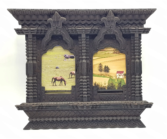 Traditional Nepali Double Window Picture Frame, hand carved in Nepal