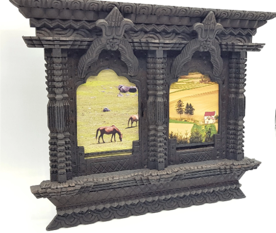 Traditional Nepali Double Window Picture Frame, hand carved in Nepal
