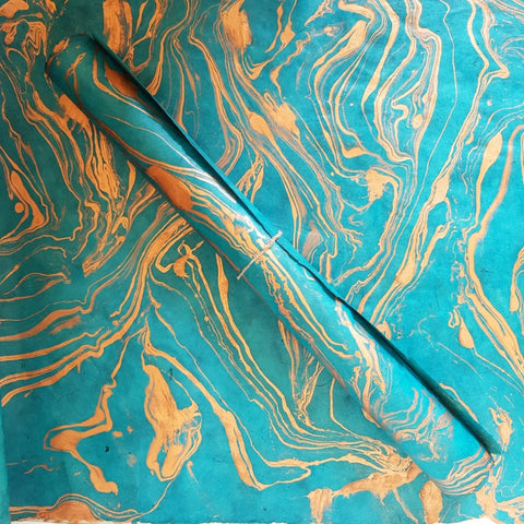 Copper & Turquoise Marbled Lokta Paper; Handmade in the Himalayas. Tree Free & Sustainable
