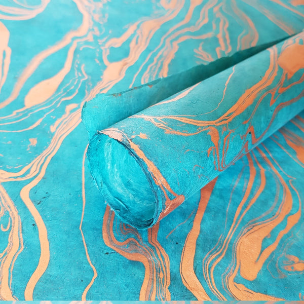 Copper & Turquoise Marbled Lokta Paper; Handmade in the Himalayas. Tree Free & Sustainable