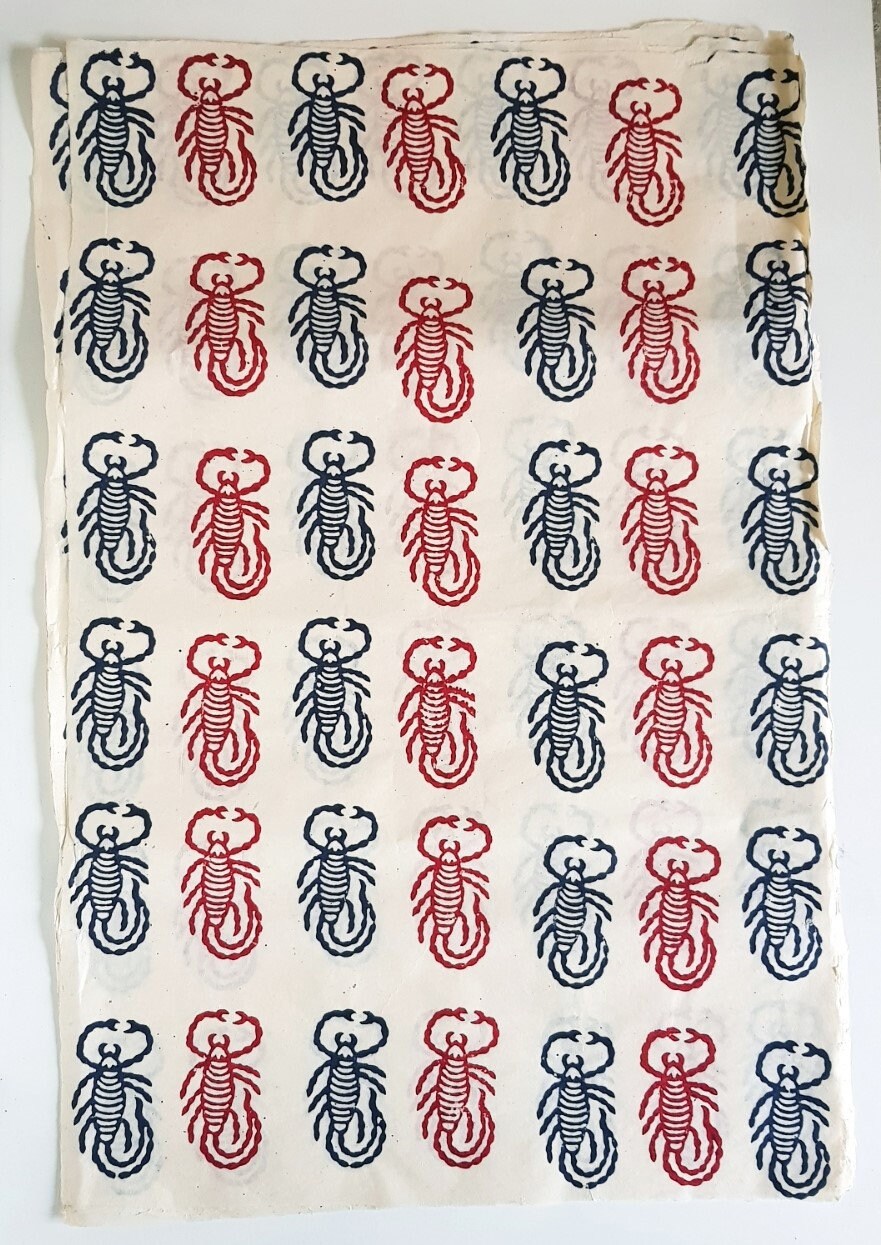 Scorpion Block Printed on Lokta Paper, Handmade, Tree Free & Sustainable