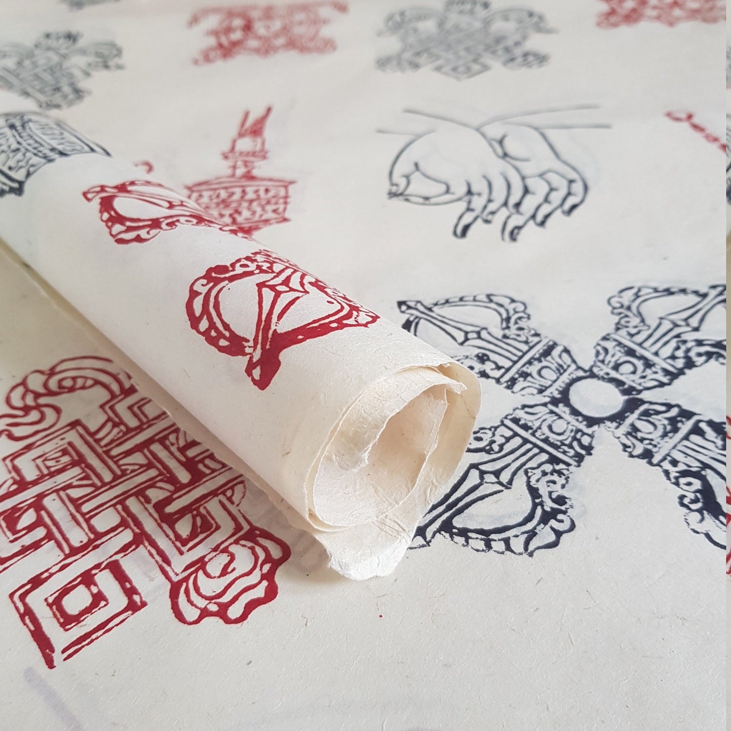 Tibetan Buddhist Symbols block printed on Lokta Paper, Handmade, Tree-Free & Sustainable