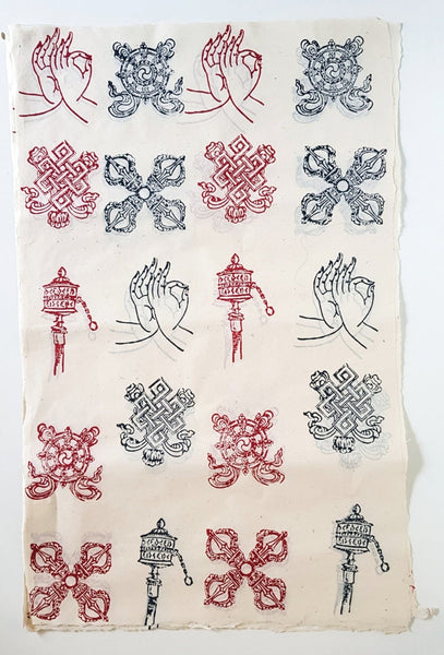 Tibetan Buddhist Symbols block printed on Lokta Paper, Handmade, Tree-Free & Sustainable