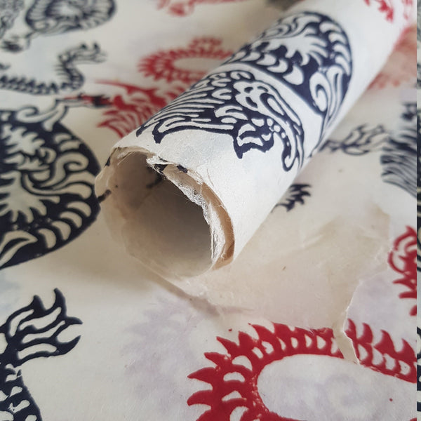 Dragons Block Printed on Lokta Paper, Handmade, Tree Free & Sustainable