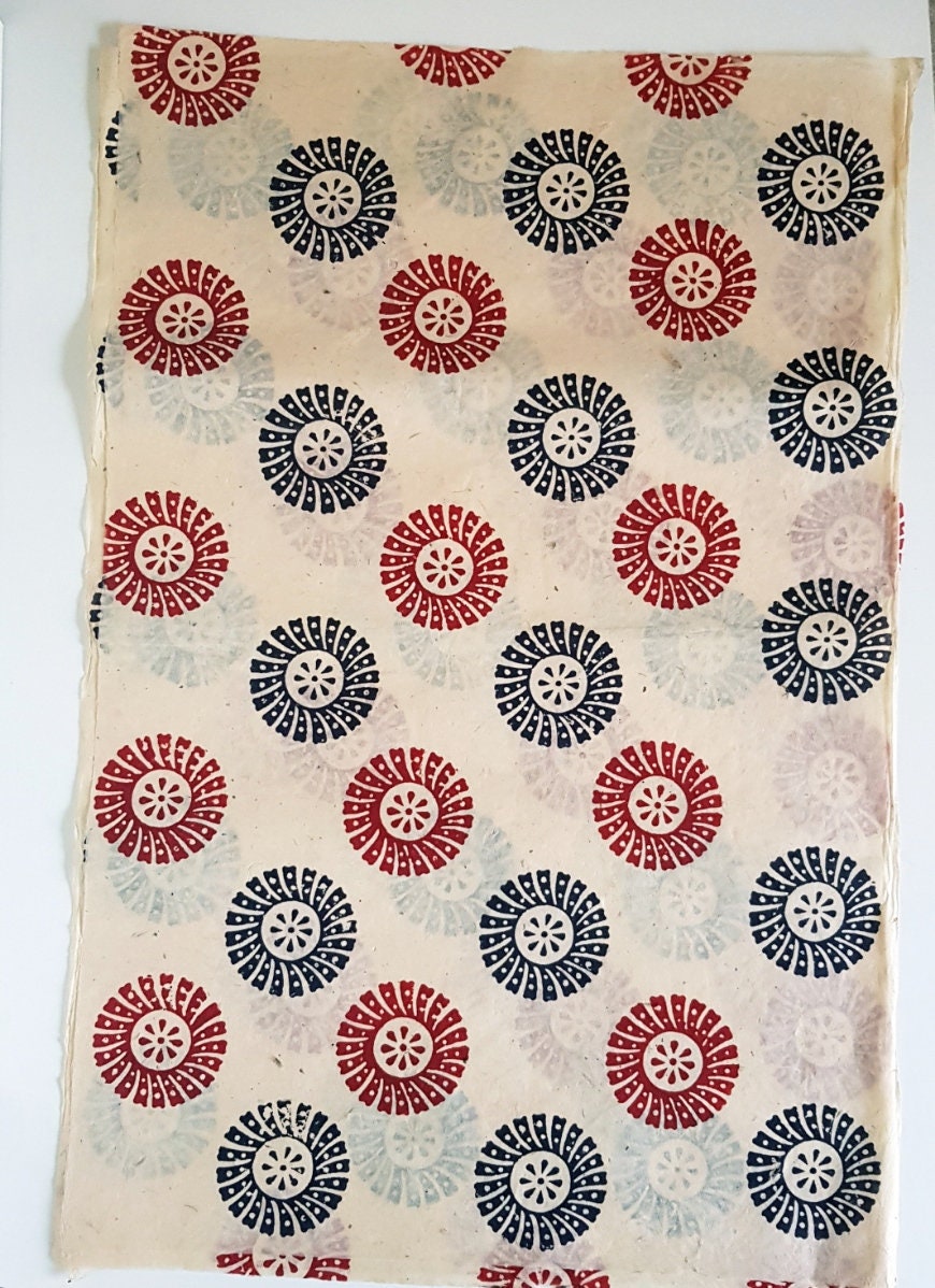 Wheels block printed on Lokta Paper, Handmade, Tree-Free & Sustainable