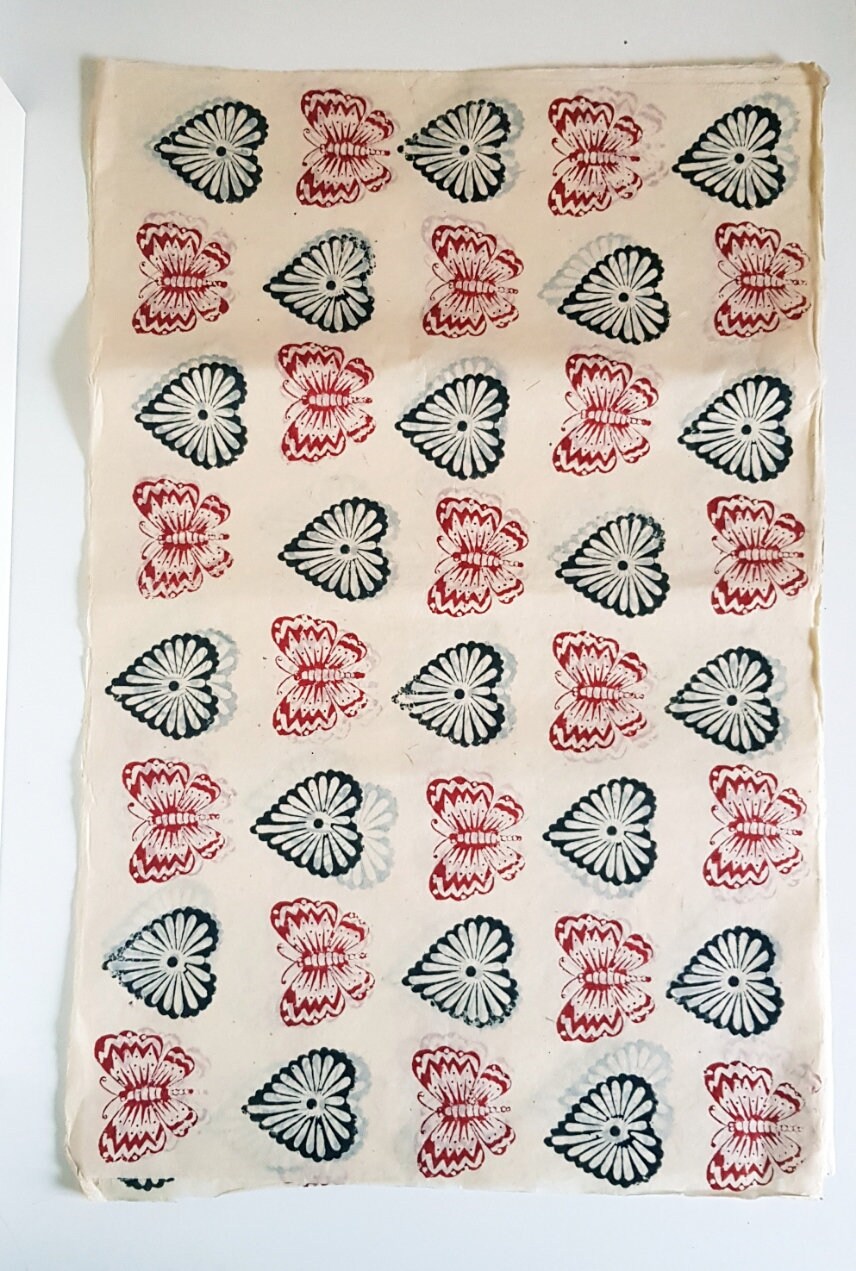 Hearts and butterflies Block Printed on Lokta Paper, Handmade, Tree Free & Sustainable