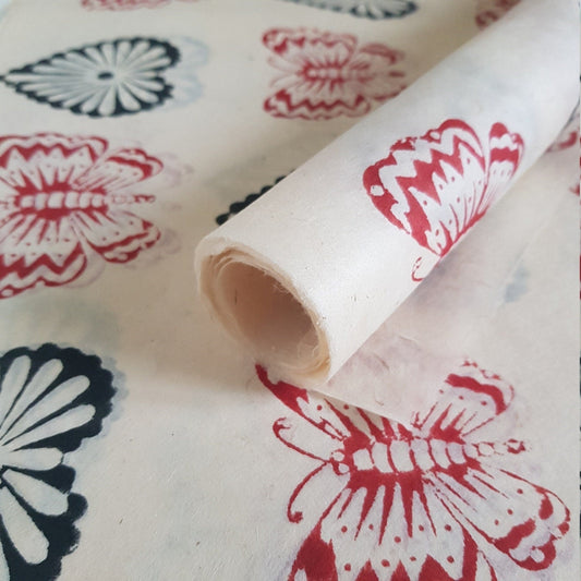 Hearts and butterflies Block Printed on Lokta Paper, Handmade, Tree Free & Sustainable