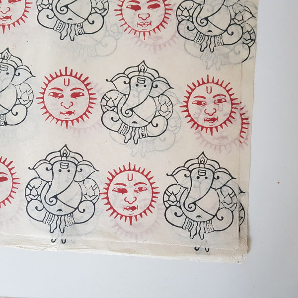 Ganesh and Sun Block Printed on Lokta Paper, Handmade, Tree Free & Sustainable