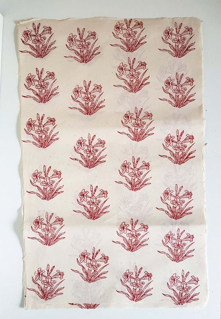 Red Pond Flower Block Printed on Lokta Paper, Handmade, Tree Free & Sustainable