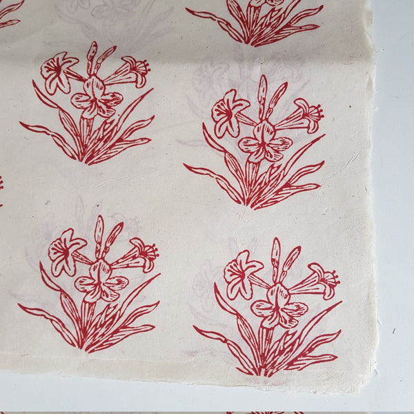 Red Pond Flower Block Printed on Lokta Paper, Handmade, Tree Free & Sustainable