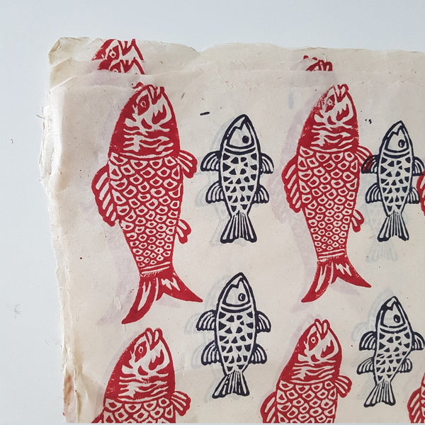 koi fish Block Printed on Lokta Paper, Handmade, Tree Free & Sustainable