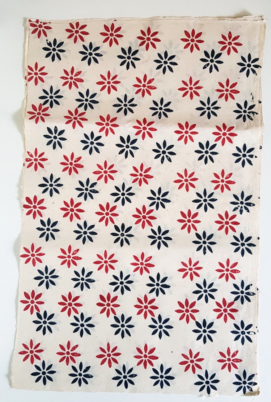 8 Petal Flower Block Printed on Lokta Paper, Handmade, Tree Free & Sustainable