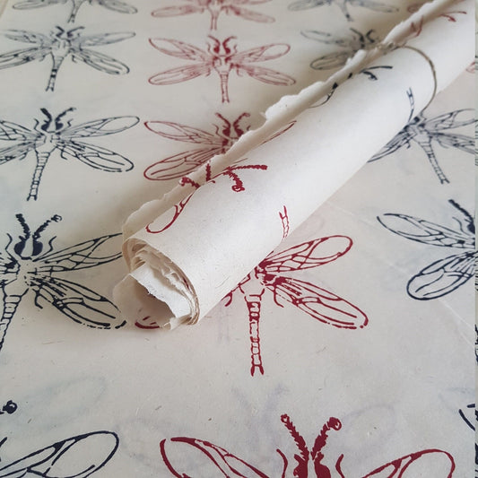 Dragonflies Block Printed on Lokta Paper, Handmade, Tree Free & Sustainable