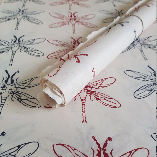 Dragonflies Block Printed on Lokta Paper, Handmade, Tree Free & Sustainable