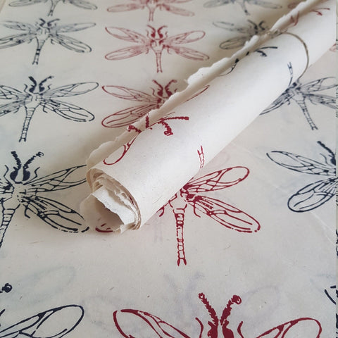 Dragonflies Block Printed on Lokta Paper, Handmade, Tree Free & Sustainable