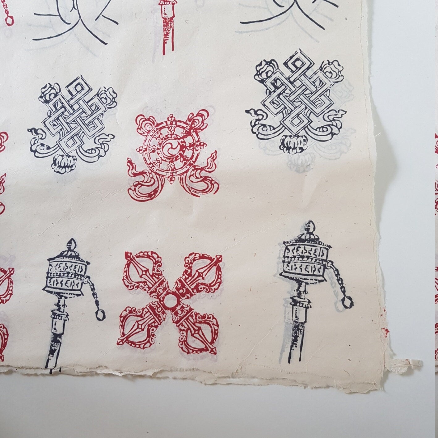Tibetan Buddhist Symbols block printed on Lokta Paper, Handmade, Tree-Free & Sustainable