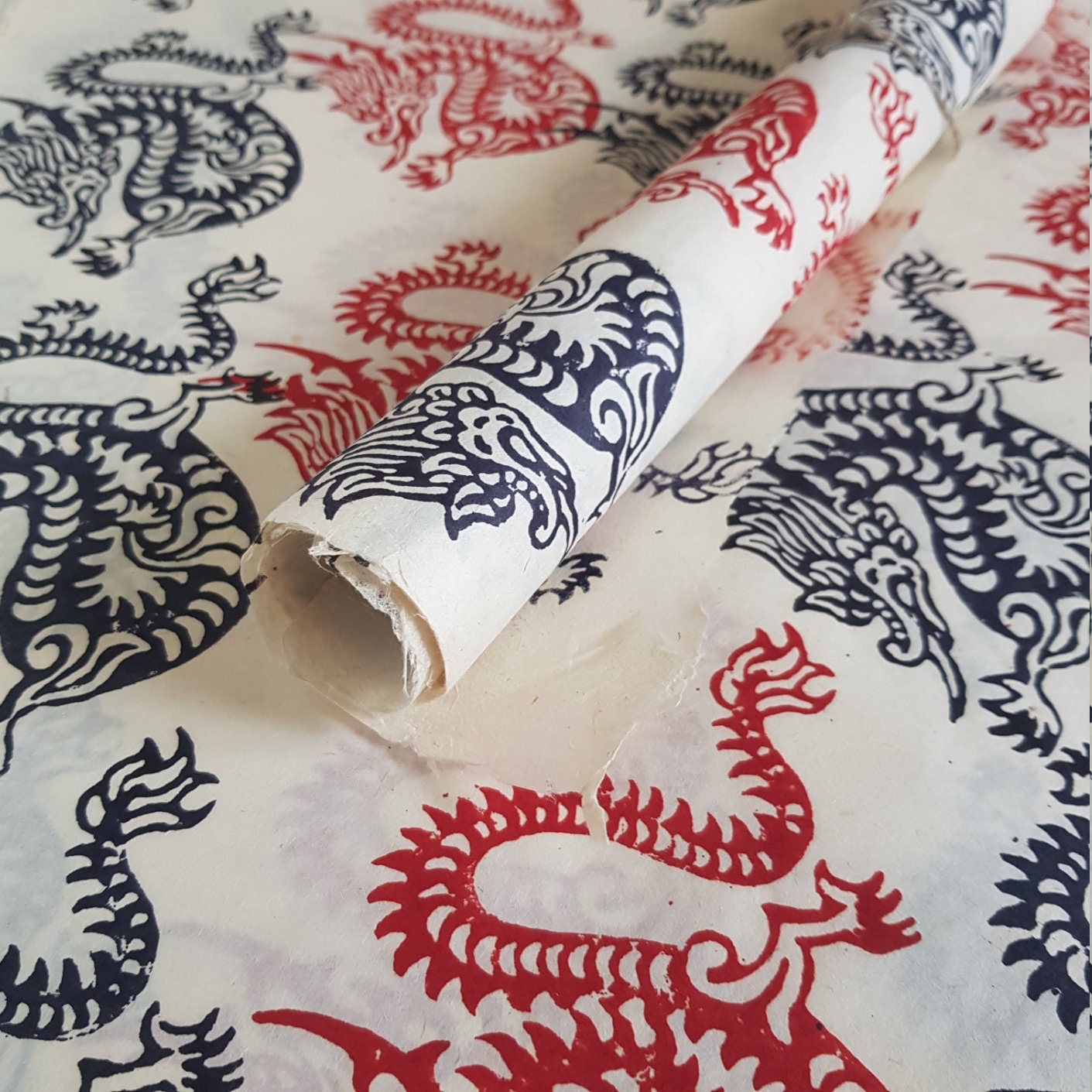 Dragons Block Printed on Lokta Paper, Handmade, Tree Free & Sustainable