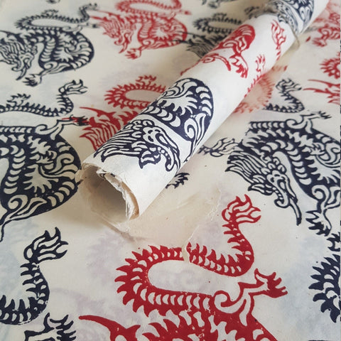 Dragons Block Printed on Lokta Paper, Handmade, Tree Free & Sustainable