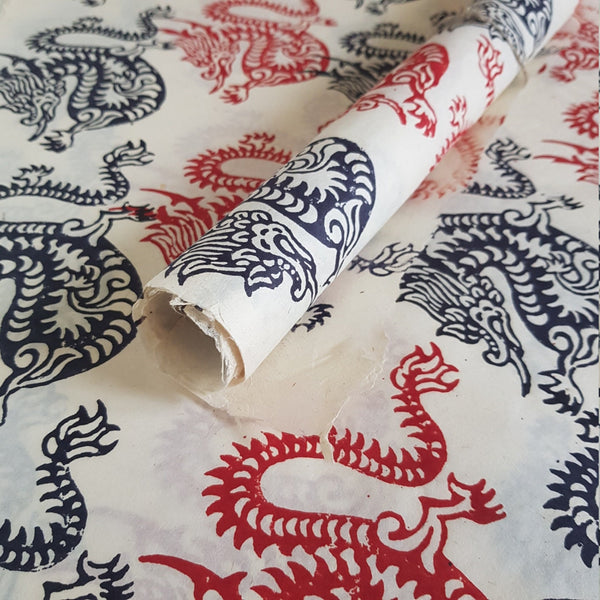 Dragons Block Printed on Lokta Paper, Handmade, Tree Free & Sustainable