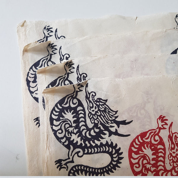 Dragons Block Printed on Lokta Paper, Handmade, Tree Free & Sustainable