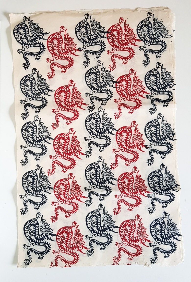 Dragons Block Printed on Lokta Paper, Handmade, Tree Free & Sustainable
