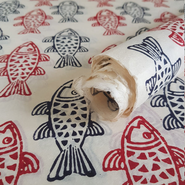 Koi Fish block printed on Lokta Paper, Handmade, Tree-Free & Sustainable