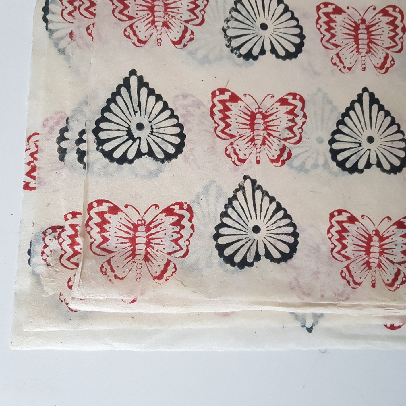 Hearts and butterflies Block Printed on Lokta Paper, Handmade, Tree Free & Sustainable